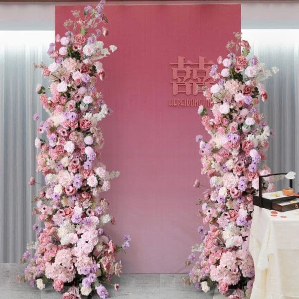 Purple Pink Rose Green Leaves Stand Wedding Stage Horn Arch Decor Floral Arrangement Table Runner Flower arrangement