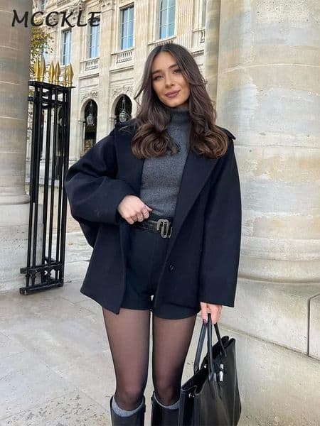 Singlebreasted Lapel Coats Women Loose Woolen Long Sleeve Pockets Short Jacket Female Autumn Winter Elegant Casual Tops Outwear 241216
