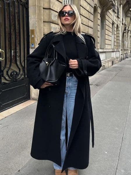 Wool belt double chest long jacket for women with a collar and casual pocket chic elegant 2024 winter street womens 241213Z