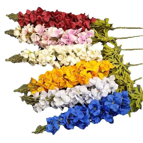 One Faux Larkspur Plant White Purple Blue Artificial Silk Fat Delphinium Flower