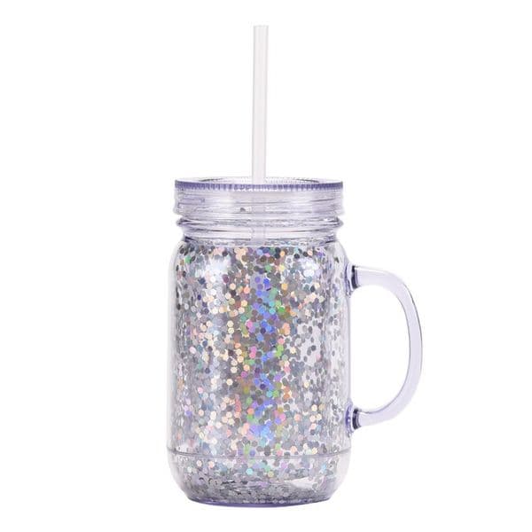 20oz Glitter Tumbler Cup Mason Jar With Handle Plastic Straw Cup Reusable Cold Coffee Drink Cup
