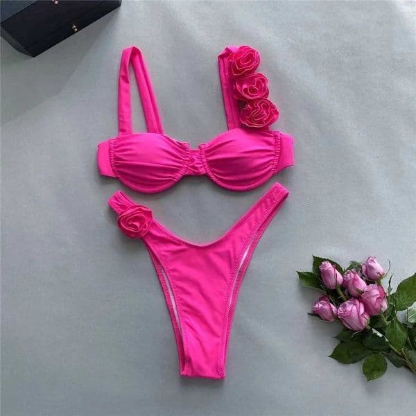 Sexy 3D Flower Rose Red Push Up Bikinis Sets Women Swimsuit 2024 High Leg Cut Swimwear Underwire Bathing Suit Micro Bikini MujerXJ241223