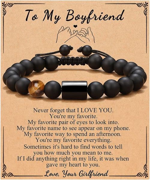 To My Love Bracelet Black Obsidian & Tiger Eye Stone Bracelet with Message Card Jewelry Gifts for Dad Brother Man Boyfriend