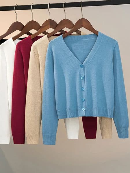 Sweater Knitted Cardigan Button Jacket 2024 Autumn Winter Vneck Long Sleeve Casual Short Tops For Women Grey White y241220