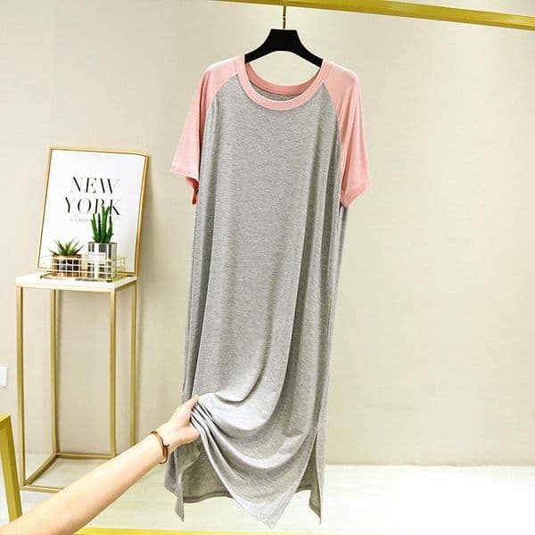 B546-Nightdress women summer large size loose dress V-neck medium long a-line skirt thin knee-length home skirt