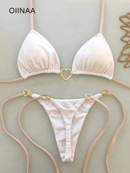OIINAA Bathing Suit Women Sexy Solid Swimsuit Heart Metal Ring Bikini Set Drawstring Two-piece Beach Wear Lace Up Split BiquinisXJ241223