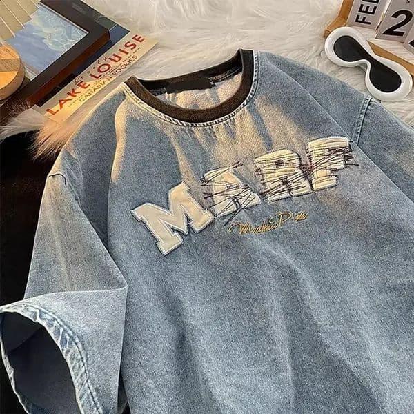 style washed distressed denim short-sleeved mens loose summer heavy fashion pure cotton round neck T-shirt y2k tops 241223