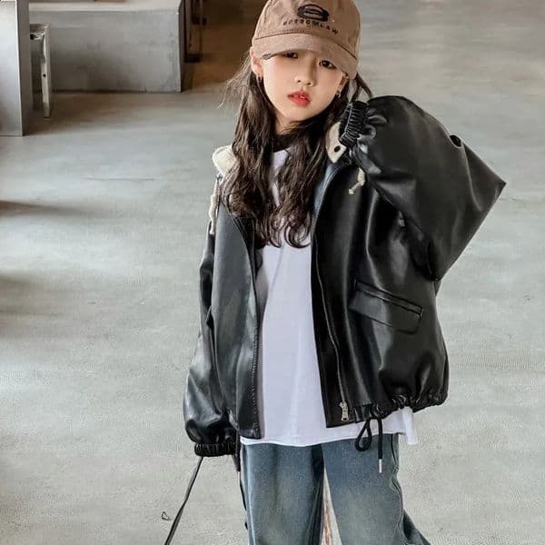 Girls Leather Jacket Hooded Jacket Autumn Stylish Children Clothing Long Sleeved Jacket Top for Baby Girls 241223