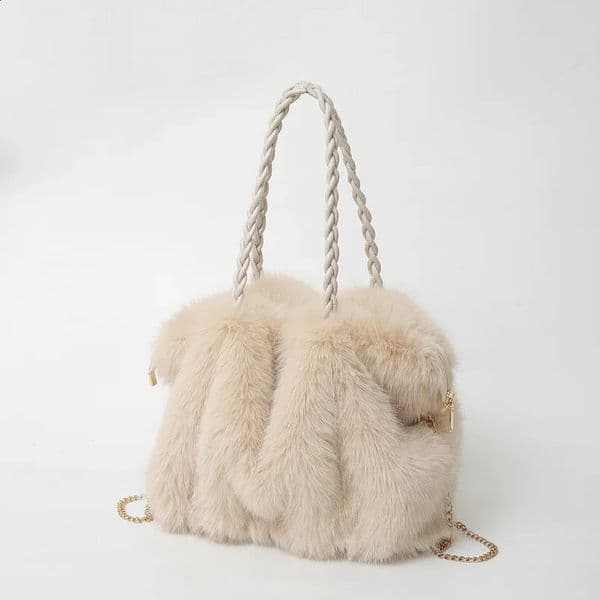 Meet You Winter Fashion Pleated Faux Fur Tote Bag Quality Fluffy Soft Plush Shoulder Bag Large Capacity Solid Color Shopper Bag 241224