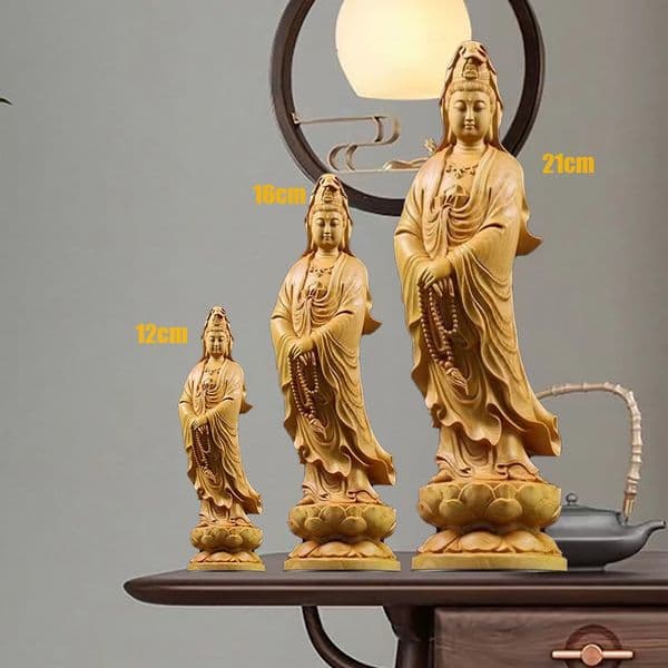 Natural Cypress Guanyin Buddha Decorative Characters Statue ,Solid Wood Art Carving Home Room Office Feng Shui Statue