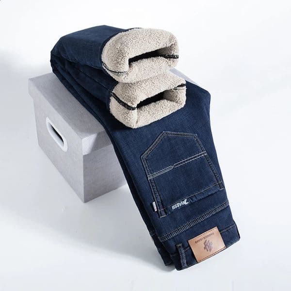 Winter Warm Fleece Jeans Men Straight Stretch Thick Casual Thermal Denim Pants Male Business Work Trousers Clothing 241224