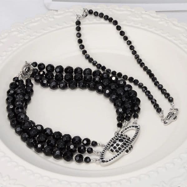 Mysterious Black Bead Bracelet Necklace Set with Cosmic Spaceship Charm Silver Tone Women's Fashion Jewelry Galaxy Accessory