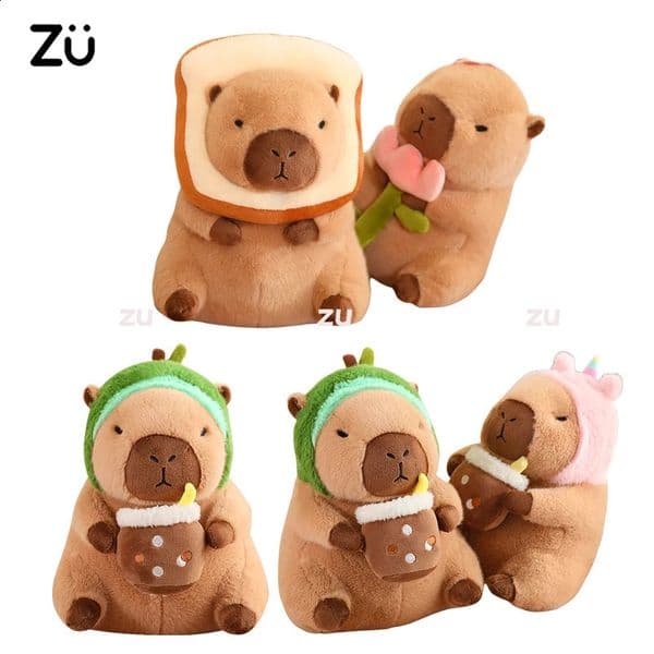 2026 New ZU 30Cm Stuffed Plush Toy Holding Boba Tea Flower Capybara Plushies Cosplay Bread Dino Avocado Lovely Teddy Girl Gift 241223 Toys