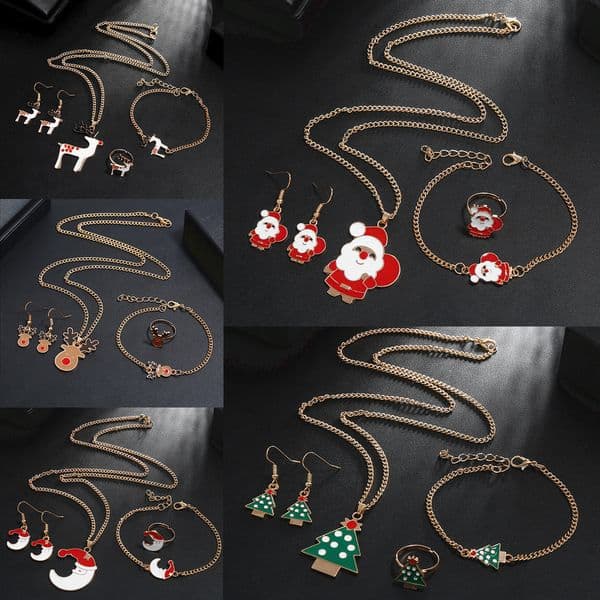 Christmas Jewelry Set European and American Christmas Necklace Bracelets Rings and Earring Cute Santa Claus Alloy Combination Jewelry Set