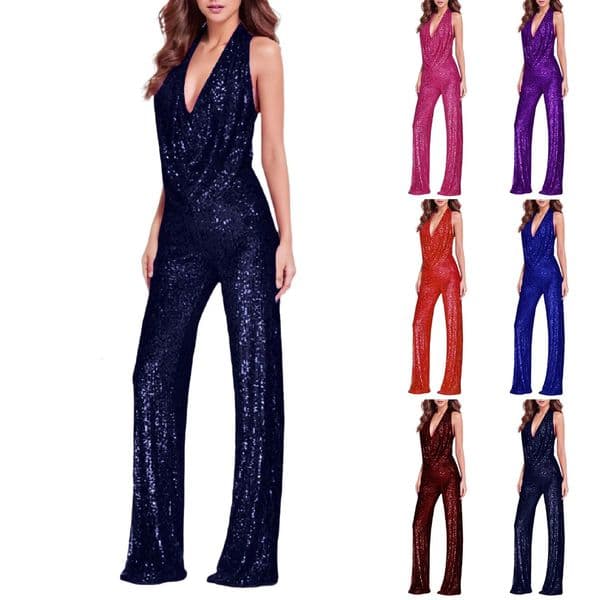 Women Sequin Jumpsuit Sexy V Neck Sleeveless Hanging Neck Backless Rompers Female Fashion Sparkly Glitter Overalls Jumpsuits 241224