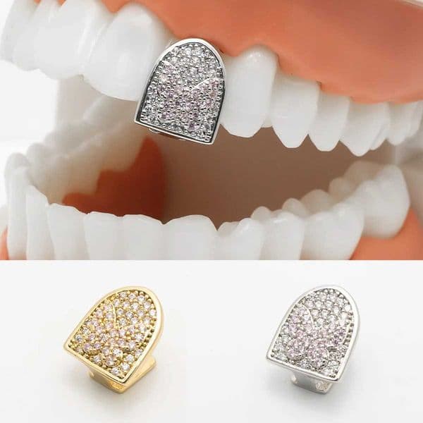YOUNGX Hip Hop Full CZ Stone Pink Butterfly Teeth Grillz Gold Silver Color Zircon Tooth Cs For Women Men Jewelry CosplayXJ241225