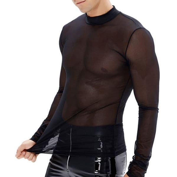 Men's T Shirts Plus Size Mens T-Shirts Black Gauze Printed Long-sleeved T-shirt Micro-transparent Joker Elastic Bottoming Shirt for Men