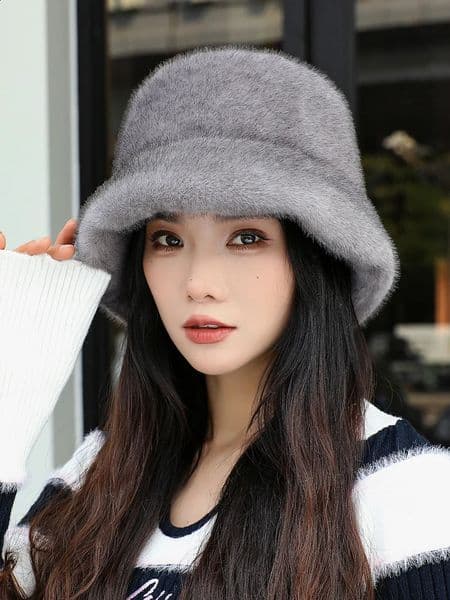 mink bucket elegant womens winter hat fashionable faux fur hat knitted warm mink fur bean hat 241223