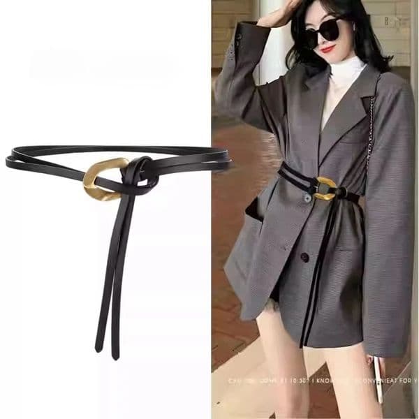 Stylish Knot Thin Waist Chain Belt for Women Real Leather Double Layer with Golden Buckle Vintage Waistband for Dresses 241220