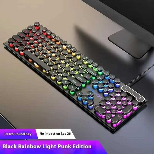 Retro Round Punk Mechanical Feel Keyboard e Black Switch 104 Keys Usb Wired Gaming Keyboards Rgb Backlit for Pc Laptop GamersXJ241225