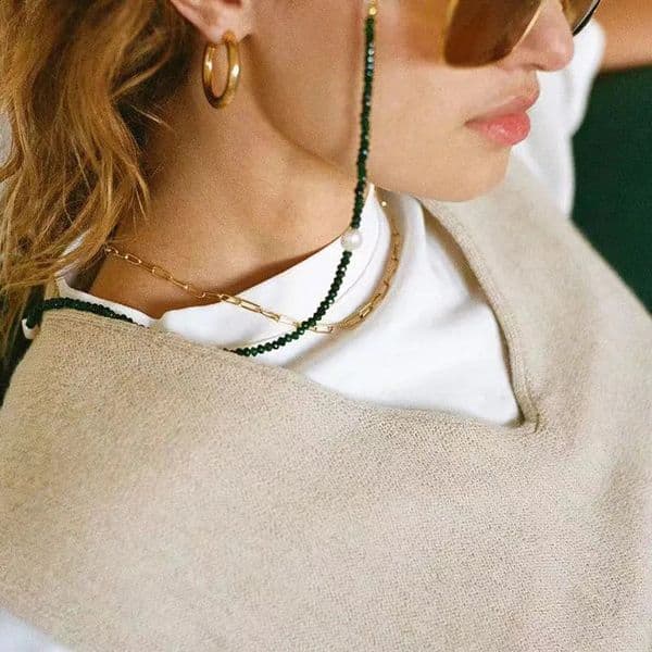 Bohemian Trendy High Quality Green Natural Stone Hanging Neck Glasses Chain Handmade Natural Pearl Embellishment Masking Chain 241226