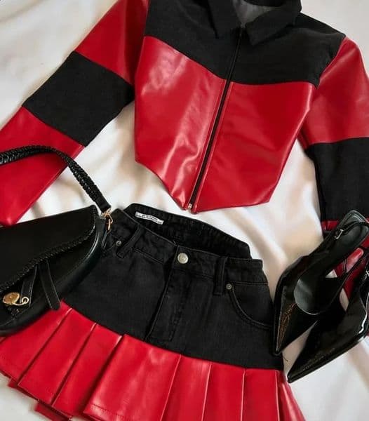 retro denim patchwork leather two-piece set for womens Harajuku autumn zipper long sleeved jacket sexy short skirt set 241223