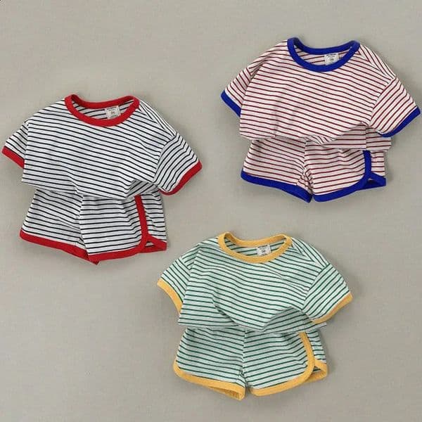 16Yrs Baby Girls Summer Striped Clothes Children Causal Cotton Short Sleeve TShirts Shorts 2Pcs Unisex Boys Loose Tracksuits 241225