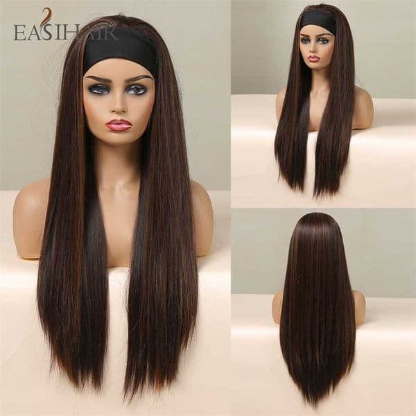 Synthetic Wigs Easihair Highlights Headband Wig for Women Black Brown Long Straight Premium Silky Synthetic 230227 Hair Wigs