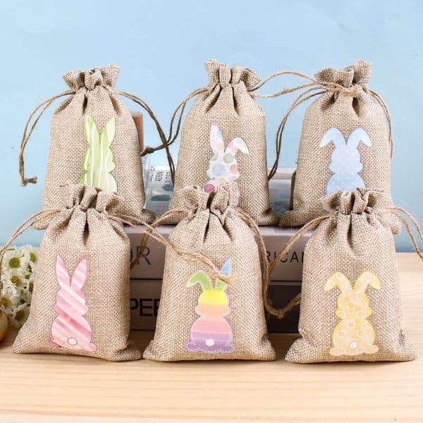 6Pcs Candy Bunny Burlap Pattern Jute En Treat Gift For Easter Kids Cookies Snack Pack Bags Party Decorations