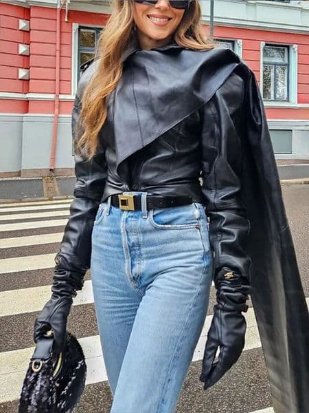 Fashion Faux PU Leather Jacket Women Scarf Collar Cape Long Sleeve Slim Jackets Female Autumn Patchwork Ladies Streetwear 241226Z