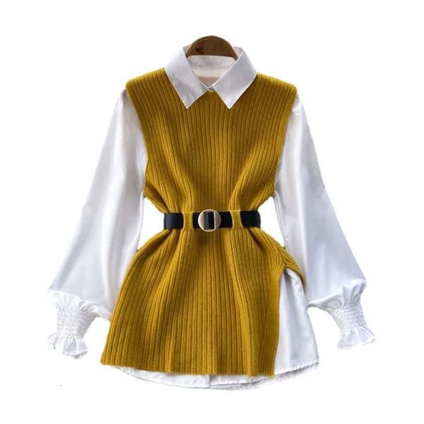 Ladies Dress Set Womens Loose Longsleeved White Shirt Top Slit Knitted Vest Twopiece 241220
