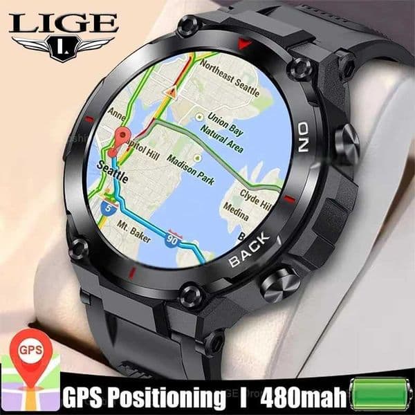 LIGE 2024 New GPS Smart Watch Mens Sturdy Military Outdoor Waterproof Sports Watch Health Monitor wireless connections Call Smart Watch Mens X241226