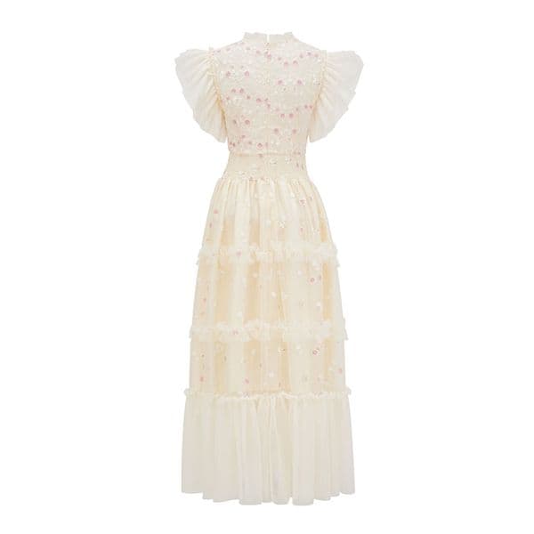 (469) Sweet embroidered dress, half-high collar, gentle temperament, small flower dress, elastic waist, long skirt, women's clothing