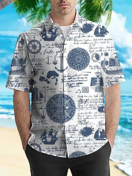 Mens short sleeved button up shirt casual lapel polyester chiffon regular version map and anchor pattern per piece W241227