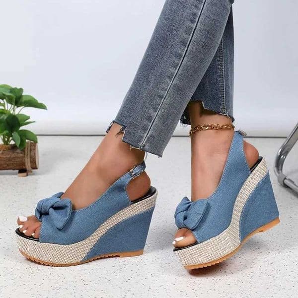 High Quality Fashion Bowknot Wedge Heel Sandals for Women Denim Peep Toe Chunky Platform Sandals Women Back Strap High Heel Gladiator Shoes T241227