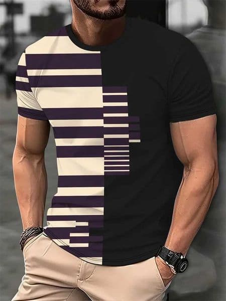 Summer Mens Fashion T Shirt Splicing Printed Colorblocking Casual Slim Short Sleeve T Shirt Outdoor Sports Running Fitness Top W241227