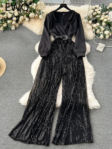 EWQ elegant style chic jumpsuit women fake two piece patchwork sequins with belt high waist jumpsuits winter spring 241224