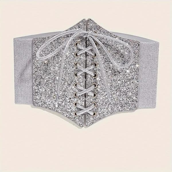 Womens Silver Vintage Corset Belt Punk Sequin Wide Waistband Lace-up Cummerbunds Womens Dresses Elastic Girdles Decorative Corset 241227