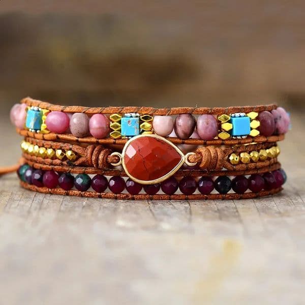 Bohemia Multilayers Leather Wrap Bracelet Creative Natural Red Stone Wristband Handmade Spiritual Jewelry Holiday 241227