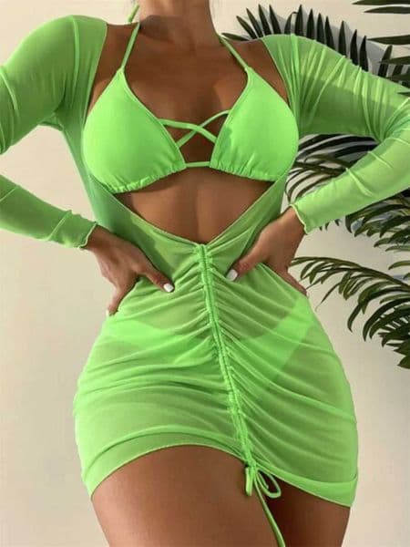 Women's Swimwear Long Sleeves Dress Bikini Set 2025 Women Neon Green Lace Up 3 Pieces Swimsuit Brazilian Bathing Suit Pleate Cover Up Swimwear J241227