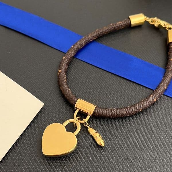 Brown Leather Bracelet with Gold Tone Heart and Initial Charm - Adjustable Wristband for Womens, New Fashion Jewelry, Valentines Day Gift Idea.