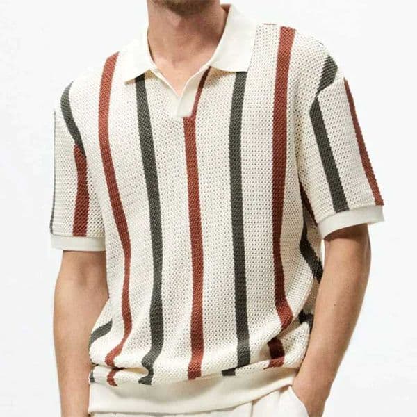 Sexy Hollow Mens Knitted shirt Shirt T-shirt Hollow Breathable Knitted T-shirt Top Striped Color Contrast Business Casual Jumper X241228