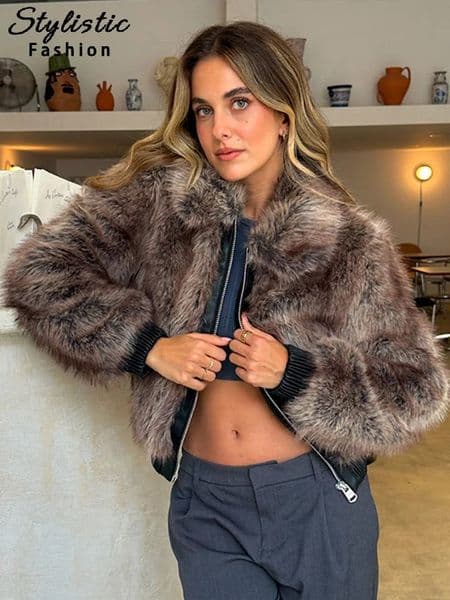Vintage Faux Fur Coat Women Solid Full Sleeve Zipper Thicken Jacket Female 2024 Autumn Winter Fashion Straight Overcoat Lady 241223Z