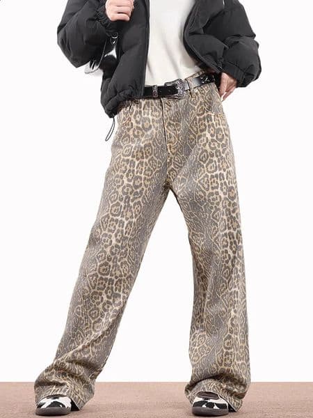 American Style Leopard Wash Jeans Women Y2K Retro Street Loose Casual Pants High Waist Straight Leg Jeans 241224
