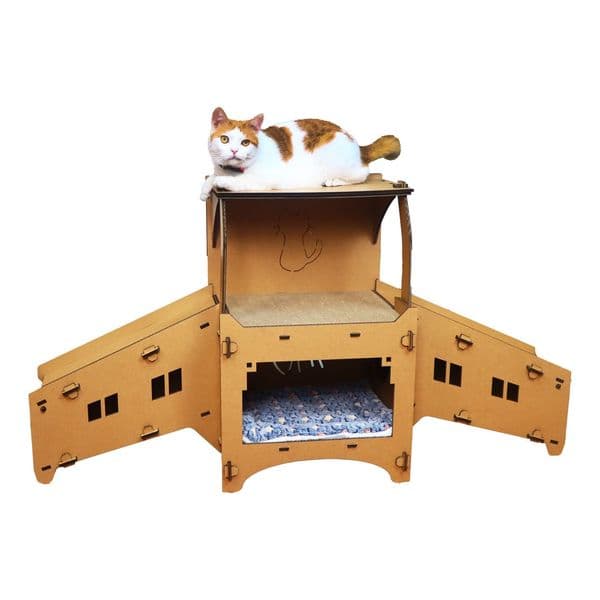 2025 new Cardboard House Castle Playground, Multi-Level Cat Hideout Scratcher with Detachable Hanging and Spring Toys