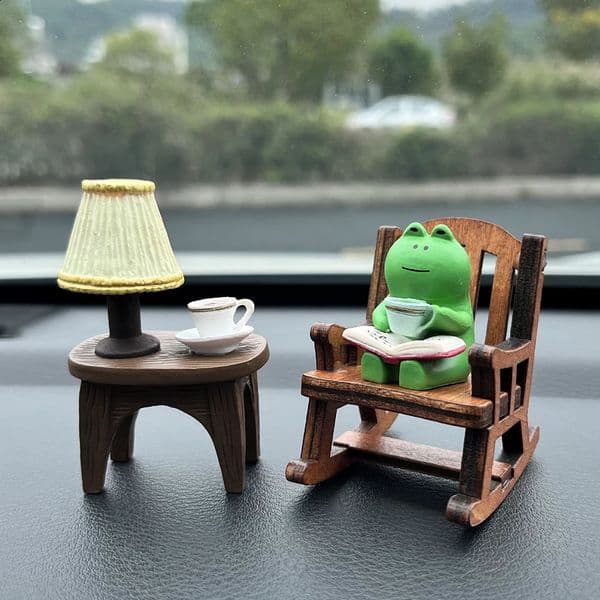 Frog Drinking Coffee Ornament Creative Cartoon Animal Statue Miniature Read Book Figurines for Shelf Desk Decoration 241230