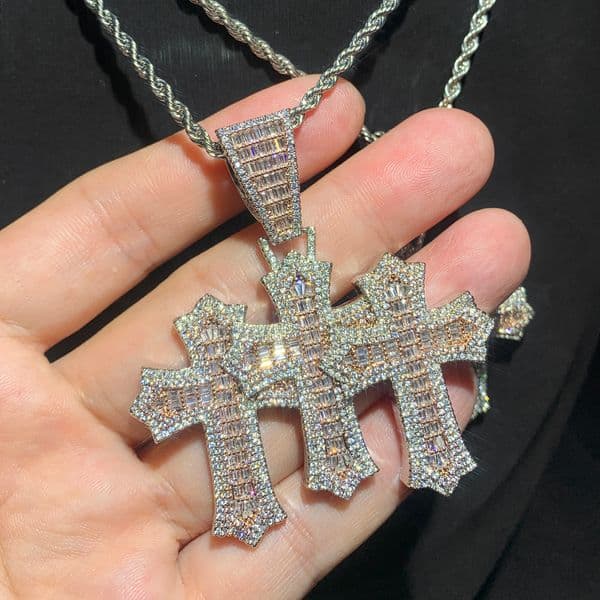 New Iced Out Bling Cz Cubic Zirconia Paved 3pcs Cross Set Pendant Necklace Link Chain Luxury Hip Hop Jewelry for Gift