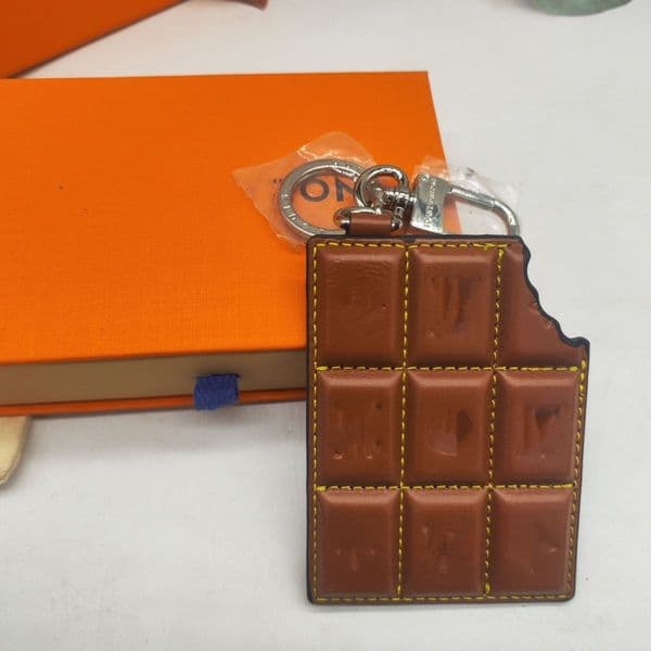 Chocolate Bar Shaped Leather Keychain for Women Men Stainless Steel Hardware Fashion Bag Pendant Keyring