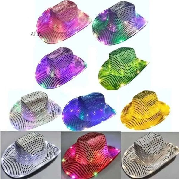 LED Cowgirl Sequin Light Up Cowboy Hat, Space Luminous Caps for Halloween Costume