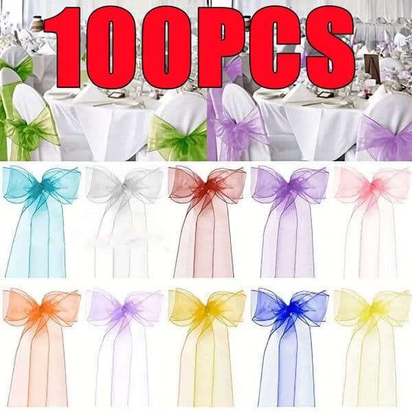 Newest Organza Sashes Knot Bands Bows For For Party Banquet Event Country Wedding Chair Decoration 100-10Pcs 0705